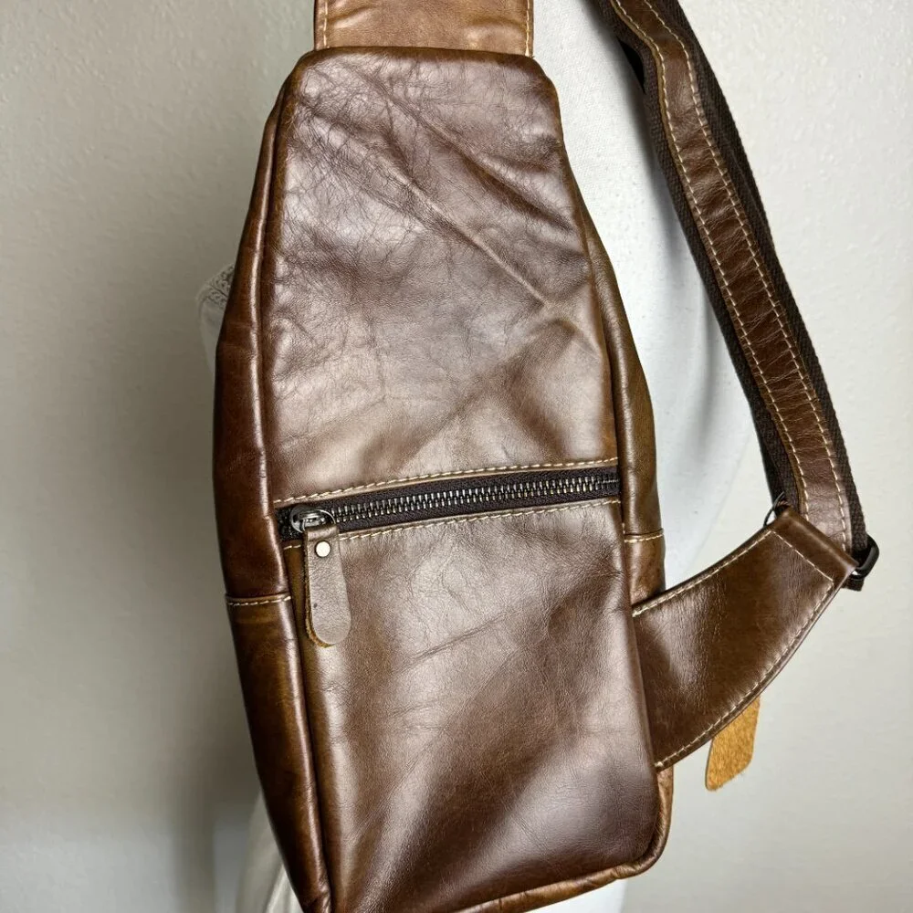 BULLCAPTAIN Genuine Leather Sling Bag Casual Shoulder Chest Crossbody